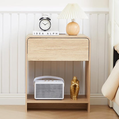 Fluted Nightstand with Charging Station, Mid Century Modern Bed Side Table End Table with Drawer Storage, Large Wooden Night Stands Bedside for Bedroom Living Room Sofa Office, Natural