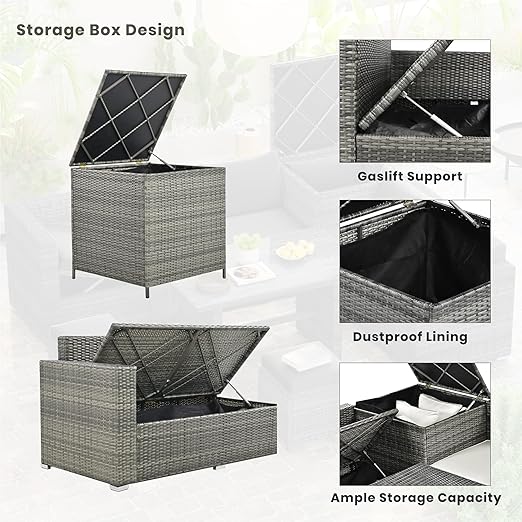 6-Piece Patio Furniture Set, L-Shaped Outdoor PE Wicker Rattan Sectional ConversationSet with Adjustable Seat, Storage Box, Removable Covers and Tempered Glass Top Table, for Backyard