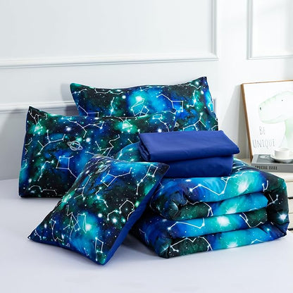 Btargot Lightweight Microfiber 6 Piece Comforter Set, Tie Dye Galaxy Constellation Pattern Bedding Set for Boys Girls Teen, Queen Black Green