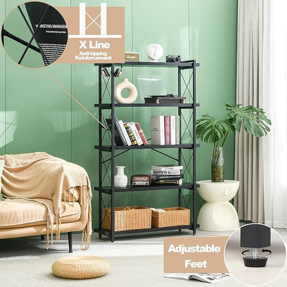 HCHQHS Bookshelf, 5-Tier Industrial Bookcase, Black Open Book Shelf, Freestanding Tall Bookshelves with Metal Frame