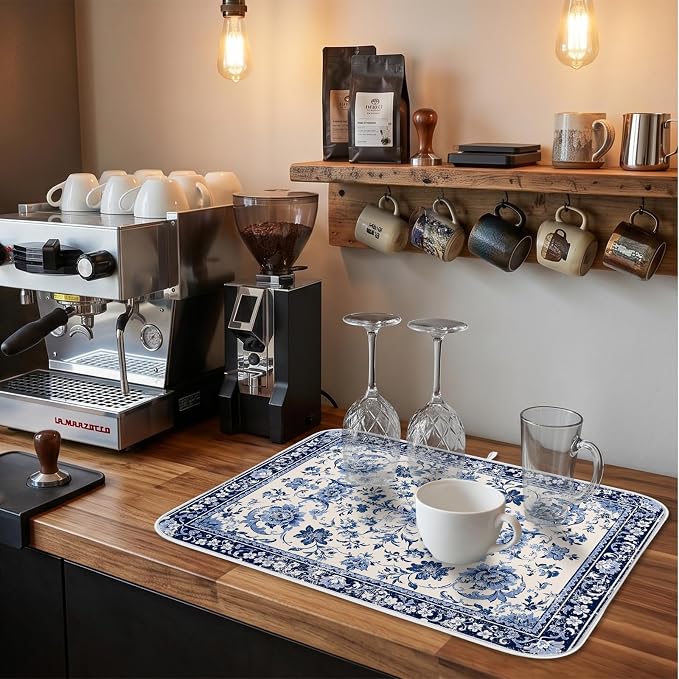 Chinoiserie Dish Drying Mat for Kitchen Coffee Bar 18x24 in Home Decor | Chinese Aesthetic Non Slip Absorbent Kitchen Dishes Drainer Mat, with Anti-slip Rubber Backing & Hanging Loop, for Sink