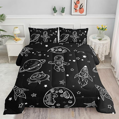 Datura home Kids Space Astronaut Comforter Set for Boys Kids Children,Galaxy Space Ship Astronaut Rocket Printed Bedding Set with 1 Comforter and 2 Pillowcases(Space Galaxy Full), Full 80x90inches