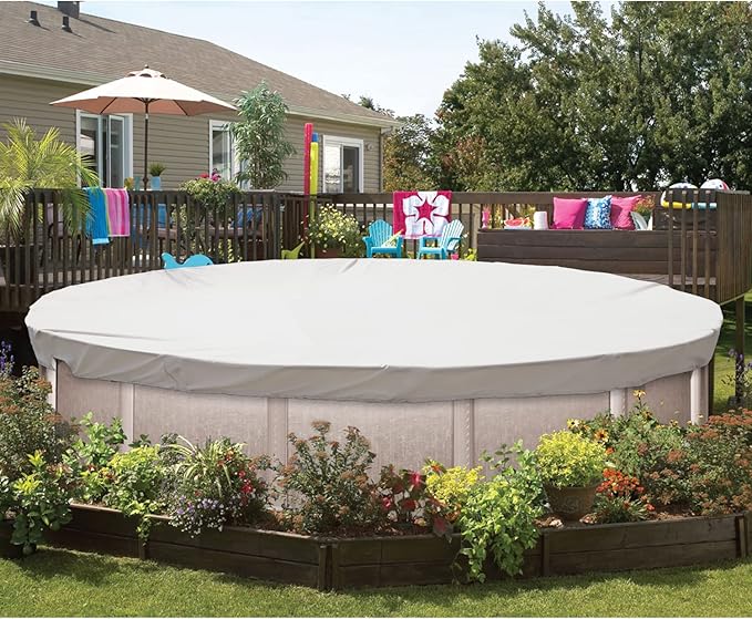 ECOOPTS 9 ft Waterproof Round Polyester Pool Cover for Above Ground Pools, Swimming Pool Cover Protector Winter Safety Cover (Light Grey)