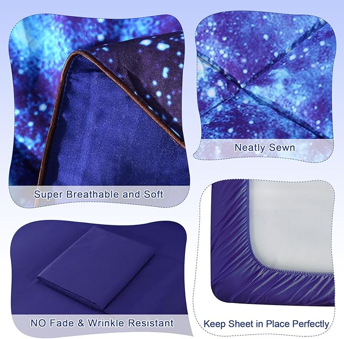Wowelife Galaxy Bedding Comforter Set Full 5 Pieces Blue Outer Space Kids Full Size Comforter Bed Set for Teen Boys and Girls Lightweight with Comforter, Flat Sheet, Fitted Sheet and 2 Pillowcases