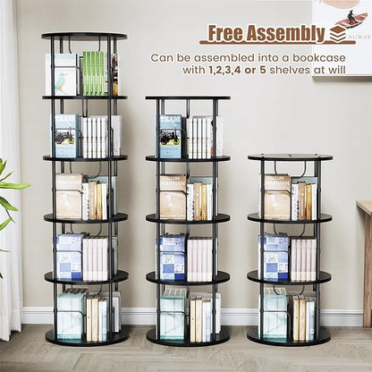 Rotating Bookshelf, 4 Tier Spinning Bookshelf Tower, 360° Display Unique Round Bookcase, Floor Standing Corner Revolving Bookshelf Storage Organizer for Small Spaces, Home Study Office, Black