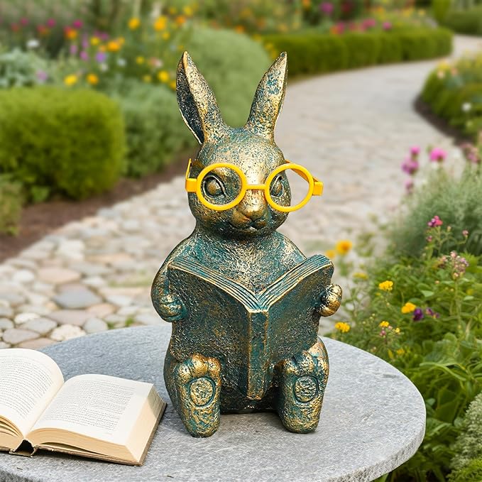 Solar Garden Decor, Adorable Rabbit Statue with Solar-Powered Glasses, Outdoor Decoration Lights for Patio, Yard & Balcony, for Kids, Mom & Grandma