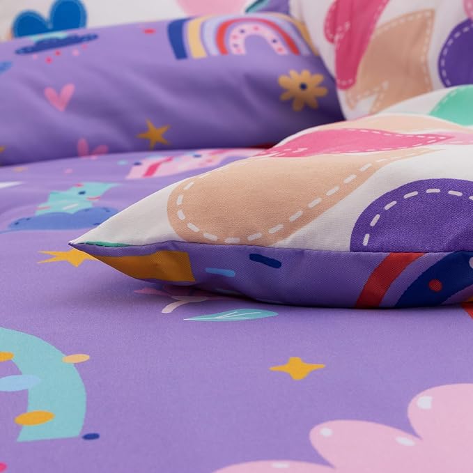 Btargot Lightweight Soft 3 Piece Rainbow Comforter Set with 2 Pillow Covers, Cartoon Love Hearts Flowers and Sun Star Bedding Set for Girls Boys Kids, Queen Dark Purple
