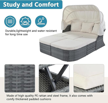 Rectangle Furniture Daybed Sunbed with Retractable Canopy, Outdoor Wicker Conversation Set with Cushions for Patio, Backyard, Porch, Garden, Hb-Beige