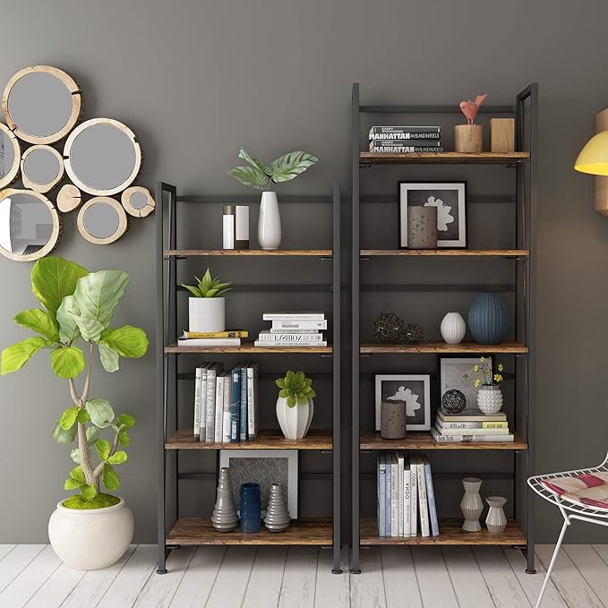 No-Assembly Folding Bookshelf Storage Shelves 5 Tiers Vintage Multifunctional Plant Flower Stand Storage Rack Shelves Bookcase for Home Office(Firestone and Black)