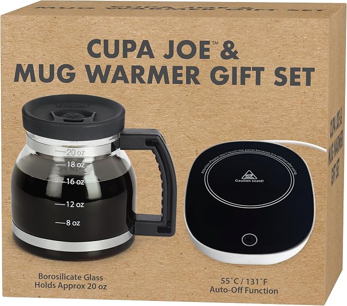 Funwares Cupa Joe Gift Set, 20 oz Glass Coffee Mug + Electric Mug Warmer | Keeps Coffee Hot All Day, One-Touch Warmer with Auto Shut-Off, Spill-Proof Lid, Borosilicate Glass, Desk & Office Gift