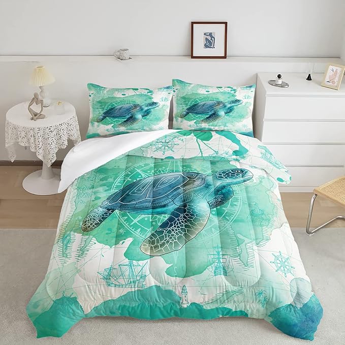 CVHOUSE Sea Turtle Bedding Set,Sea Turtle Comforter King,Ocean Bohemia Comforter Set for Boys Kids Girls,Ocean Quilt Set with 1 Comforter and 2 Pillow Cases