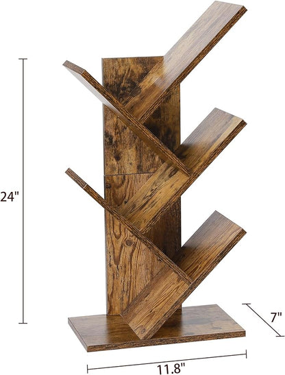 SUNMORY 4 Tier Tree Bookshelf, Small Bookcase, Modern Narrow Bookshelves Organizer, Floor Standing Book Shelf for Bedroom/Living Room/Home Office/Corner, Brown