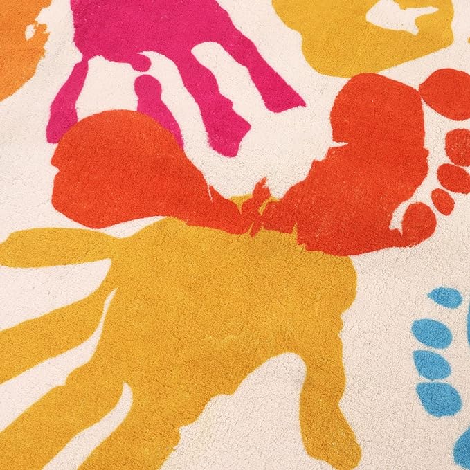 Large Colorful Kids Rug 6x9 Ft, Non-Slip Washable Rug for Classroom, Handprints and Footprints Rugs for Playroom, Soft Nursery Rug Indoor Play Mat for Kids Room Daycare School