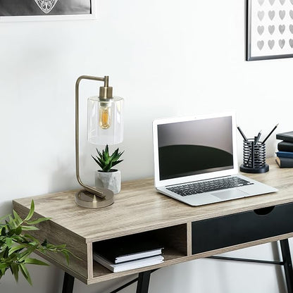 Simple Designs LD1036-ABS-LB 18.8" Industrial Bronson Antique Style Iron Lantern Desk Table Lamp with Glass Shade for Office, Living Room, Bedroom, Antique Brass, with Feit LED Bulb Included