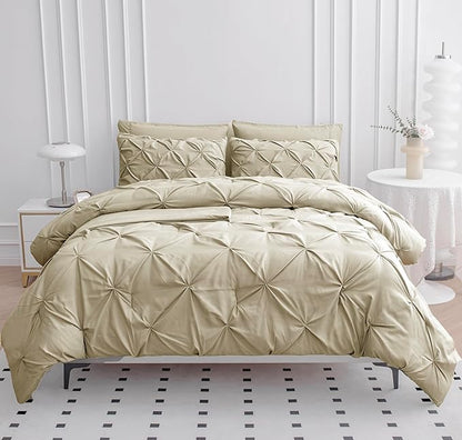 LANE LINEN Twin Comforter Set, 5 Piece Twin Size Bed in a Bag Sets, Pintuck Bedding Sets & Collections with Down Alternative Comforter, Sheets, Pillowcases & Shams, Ultra Soft Twin Bed Set - Linen