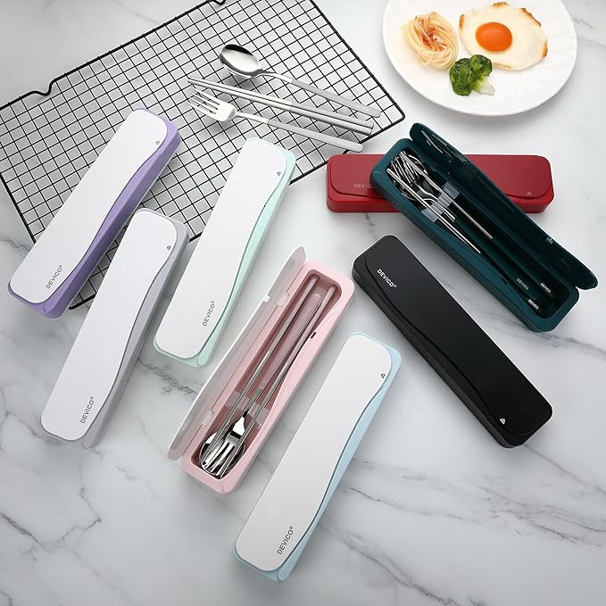 DEVICO Travel Utensils With Case, 18/8 Stainless Steel Camping Utensils, Reusable Portable Silverware Cutlery Set For Lunch Box, Include Fork Spoon Chopsticks