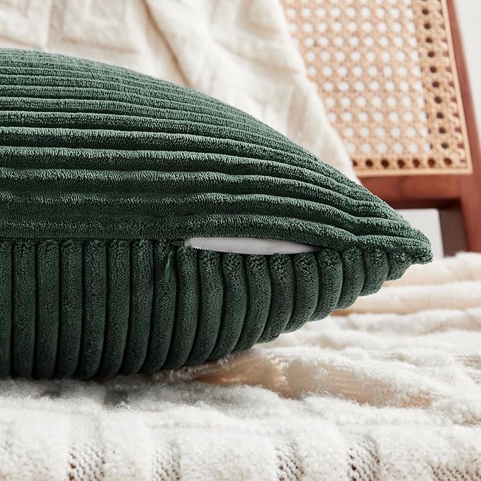 Fancy Homi Set of 2 Dark Green Long Lumbar Decorative Throw Pillow Covers 12x24 Inch for Living Room Couch Bed, Boho Farmhouse Forest Green Home Decor, Soft Corduroy Corss Textured Cushion Cas