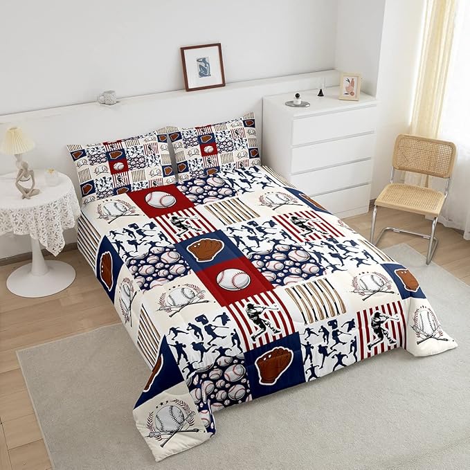 Erosebridal Kids Baseball Queen Comforter Set for Boys,Teen Baseball Athlete Bedding Set Room Decor Sports Theme Bed Comforter Sets Baseball Bat Gloves Quilt Duvet with 2 Pillow Cases Red Navy Blue