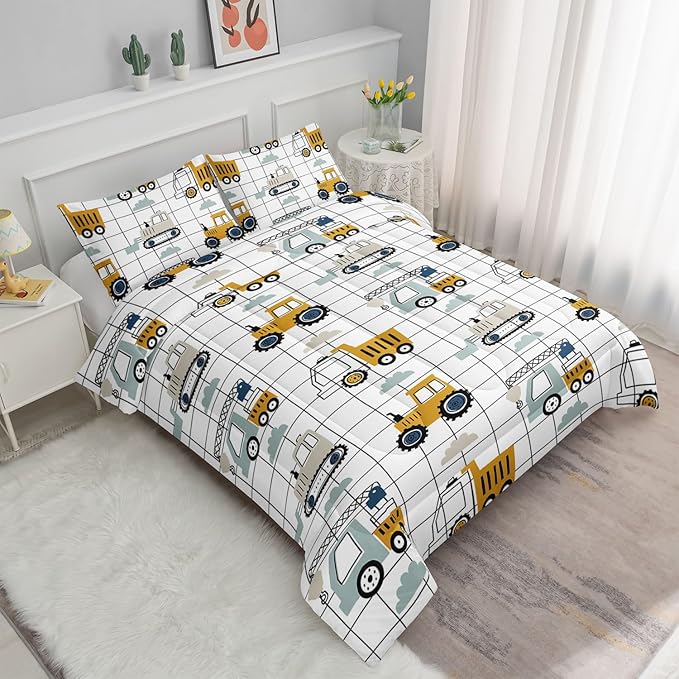 Datura home Construction Truck Comforter Set for Boys Kids Children, Machinery Excavators Vehicles Cartoon Tractor Bedding with 1 and 2 Pillowcases(Construction Queen 90x90inches)