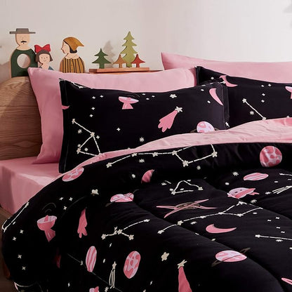 SLEEP ZONE Kids Bedding Comforter Set Full/Queen Size - Super Cute & Soft Kids Bedding 7 Pieces Set with Comforter, Sheet, Pillowcase & Sham (Pink Galaxy)