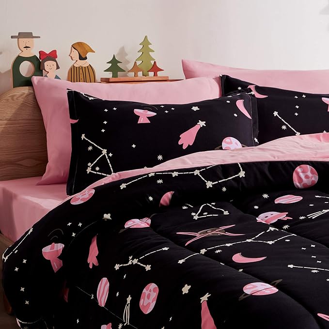 SLEEP ZONE Kids Bedding Comforter Set Full/Queen Size - Super Soft & Cute Printed 3-Piece Comforter Set All Seasons for Boys, Girls, Fade Resistant, Machine Washable, Pink Galaxy
