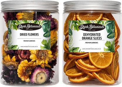 Edible Dried Mixed Flowers & Orange Slices Bundle, 100% Natural Garnish for Cocktails, Tea, Cake Decoration & Desserts, PET Jars, 7.05 oz Total