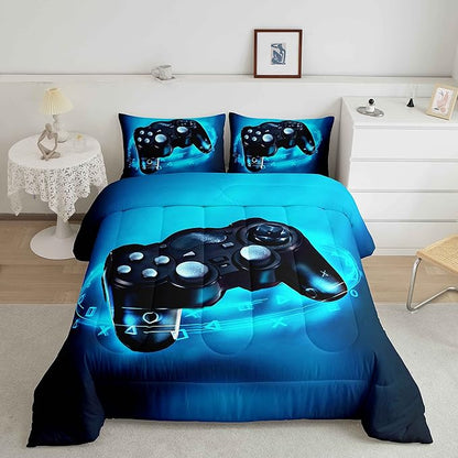 Feelyou Queen Size Gaming Comforter Set for Boys Gamer Bedding Set for Teens Kids Gamer Room Decor Blue Video Games Comforter Duvet Set Gamepad Quilted All Season 1 Comforter with 2 Pillow Cases