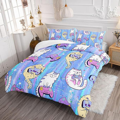 Datura home Cat Comforter Set Blue Kawaii Cat Printed Quilt Bedding Set with 1 Comforter and 2 Pillowcases for Boys and Girls Bedroom All Season(Blue Cat Queen)