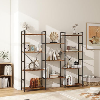 Panana Triple 4 tier bookshelf, Industrial Bookcase with 11 Open Display Shelves Wide Book Shelf Book Case with Metal Frame for Living Room Home Office (Brown)