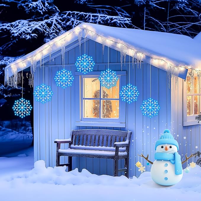 Christmas Snowflake Icicle Lights Outdoor - Plug-in 23.6ft 10 Drops 480LED Snowflake Window Lights, Connectable for Indoor Outdoor Porch Eaves Rooftops Canopy Christmas Decoration, Blue and White