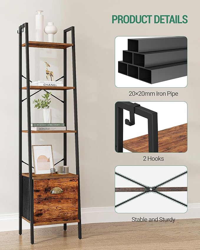 Narrow Bookshelf Bookcase with Drawer, Ladder Shelf with 2 Hooks, Bookshelves Storage Organizer, Freestanding Display Standing for Home Office, Bedroom, 5 Tier Rustic Brown BC19501B