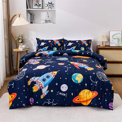 Aimuan Space Comforter Twin Set Kids Rocket Bedding Set Super Soft & Cute Aliens UFO Printed for Boys Girls Teen (Navy, Twin 5Pcs)