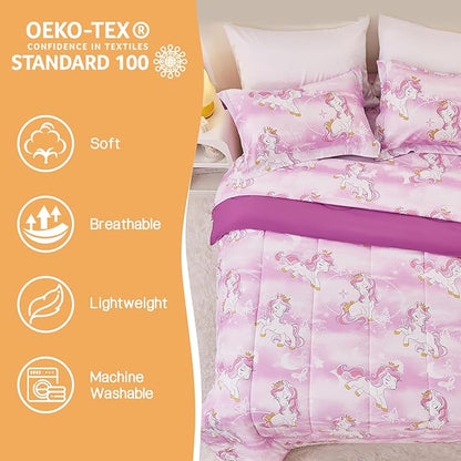 Unicorn Kids Comforter Set for Girls Full Size, Cute Reversible Quilted Lavender Printed Bedding Set with Pillow Sham, Lightweight Soft Breathable Machine Washable Bed Set 3 Piece