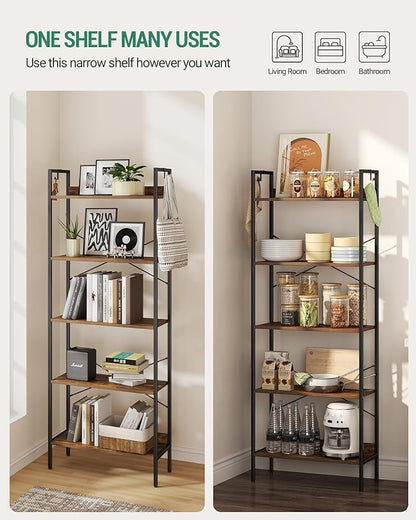 Bookshelf, Book Shelf, Industrial Bookcase with 2 Hooks, Coner Shelf Storage Organizer for Home Office, Living Room, Bedroom, Kitchen, 5-Tier Rustic Brown BC22501B