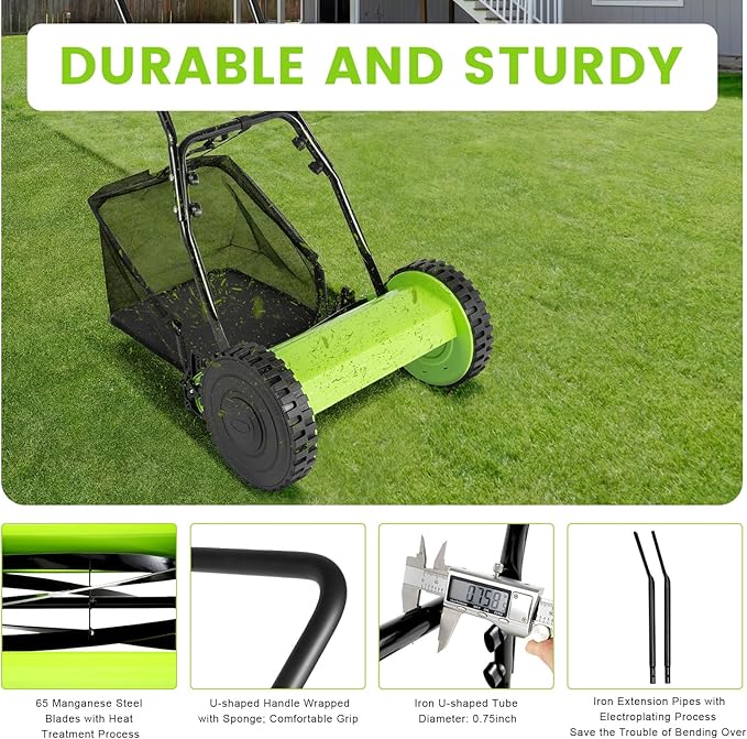 12In Manual Lawn Mower with 6-Gal Grass Catcher 5 Manganese Steel Blades Adjustable Height Rust-Proof Push Reel Lawn Mower for Gardens, Yards, Parks