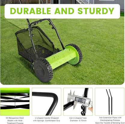12In Manual Lawn Mower with 6-Gal Grass Catcher 5 Manganese Steel Blades Adjustable Height Rust-Proof Push Reel Lawn Mower for Gardens, Yards, Parks