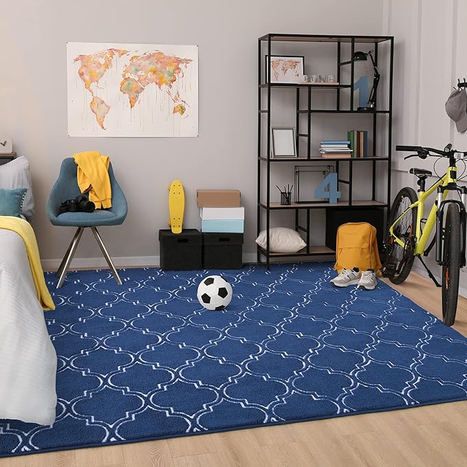 Chicrug Shag Geometric Modern Area Rug for Bedroom, 6x9 Feet Memory Foam Indoor Carpet, Fluffy Rug for Living Room Bedside Room Decor for Family Girls Kids Nursery Play Mat, Navy/White