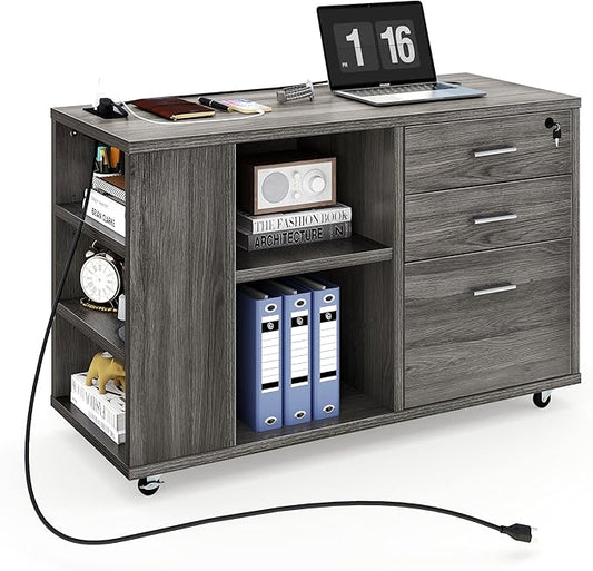 YITAHOME 3 Drawer File Cabinet with Charging Station, Home Office Furniture, Grey