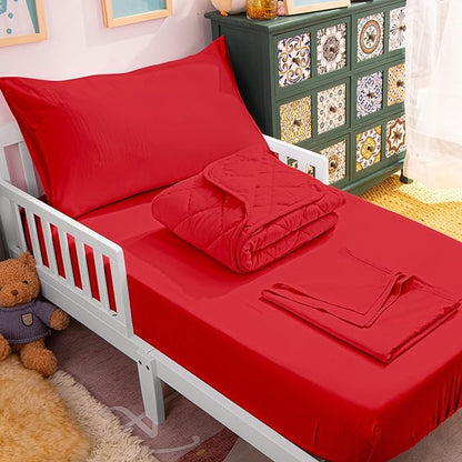 NTBAY Toddler Bedding Set - 4 Piece Soft and Breathable Crib Bedding Set for Boys and Girls, Includes Quilted Comforter, Fitted Sheet, Flat Top Sheet and Envelope Pillowcase, Wine Red