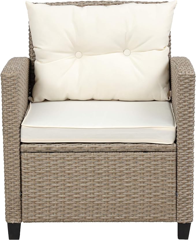 4-Piece Outdoor Rattan Sofa Sets, Patio Furniture Conversation Sectional Couch with Chaise Lounge, Single Sofachair, Seat Cushions and Glass Table, for Garden Backyard Deck, Onesize, Beige