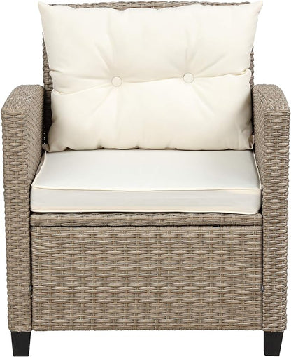 Outdoor Patio Furniture Sets, 4 Piece Rattan Conversation Sofa Wicker Sectional Couch with Chaise Lounge, Single Sofachair, Seat Cushions and Glass Table, for Garden Backyard Deck, Beige