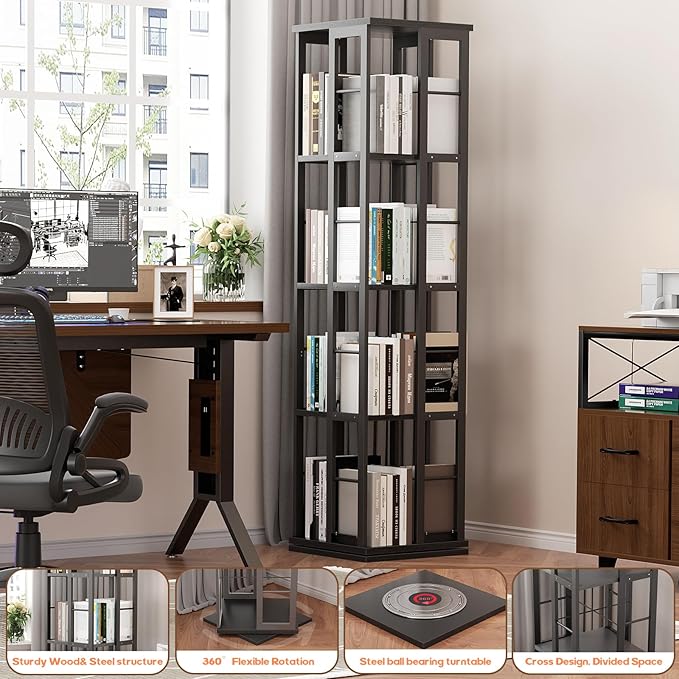 Aheaplus Rotating Bookshelf, Corner Bookshelf, 360 Display Wood Spinning Bookshelf, Floor Standing Bookcase Narrow Shelf Revolving Organizer Storage Rack for Small Space, Bedroom, Study Room, Black