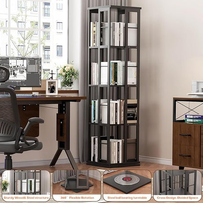 Aheaplus Rotating Bookshelf, Corner Bookshelf, 360 Display Wood Spinning Bookshelf, Floor Standing Bookcase Narrow Shelf Revolving Organizer Storage Rack for Small Space, Bedroom, Study Room, Black