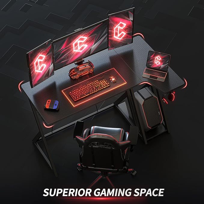 CubiCubi Aurora Gaming Desk with Carbon Fiber Surface, 47 Inch L Shaped Desk with Storage Shelves, Small Corner Computer Desk with Monitor Shelf, Gamer Desk PC Table, Black
