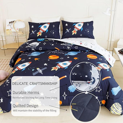 RYNGHIPY Kids Comforter Set Full Size, Cute Space Rocket Bedding Set for Boys Girls, Space Themed Teen Boy Bedding (Space Rocket,Full)