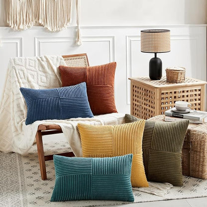 Fancy Homi 2 Packs Teal Decorative Throw Pillow Covers 22x22 Inch for Living Room Couch Bed Sofa, Rustic Farmhouse Boho Home Decor, Soft Corss Corduroy Patchwork Accent Square Cushion Case 55x55 cm