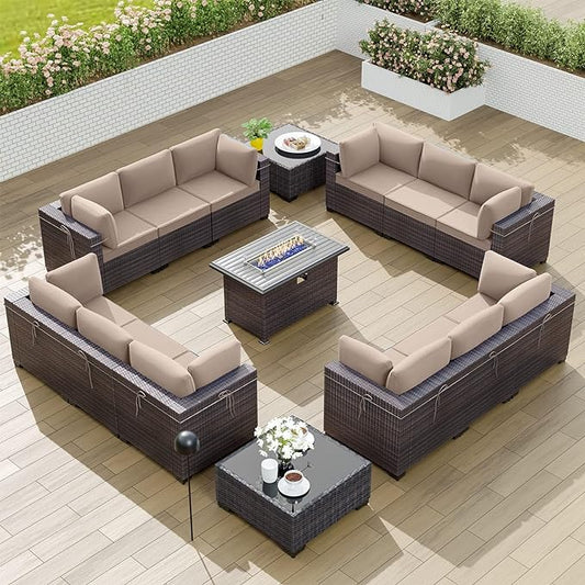 Kullavik 15PCS Outdoor Patio Furniture Set with 43" 55000BTU Gas Propane Fire Pit Table PE Wicker Rattan Sectional Sofa Patio Conversation Sets w/8 Coner Sofas,Sand
