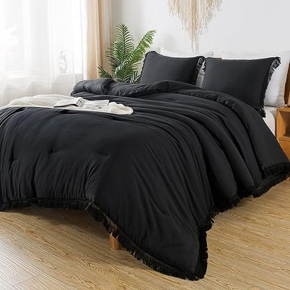 Andency Black Comforter Set Twin Size, 2 Pieces Boho Tassel Lightweight Bedding Comforter Sets, All Season Soft Fluffy Fringe Bed Set (66x90In Comforter & 1 Pillowcase)