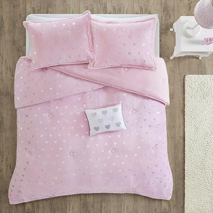 Mi Zone Rosalie Comforter Set for Girls, Ultra-Soft Microlight Plush Metallic Printed Hearts Brushed Reverse Overfilled Down Alternative Hypoallergenic All Season, Twin/Twin XL, Pink/Silver, 3 Piece
