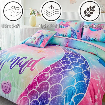 RYNGHIPY Mermaid Full Girls Bedding Set, Colorful Rainbow Kids Girls Comforter Set with Sheets Soft and Lightweight, 6 Pieces Teen Girls Bed in a Bag